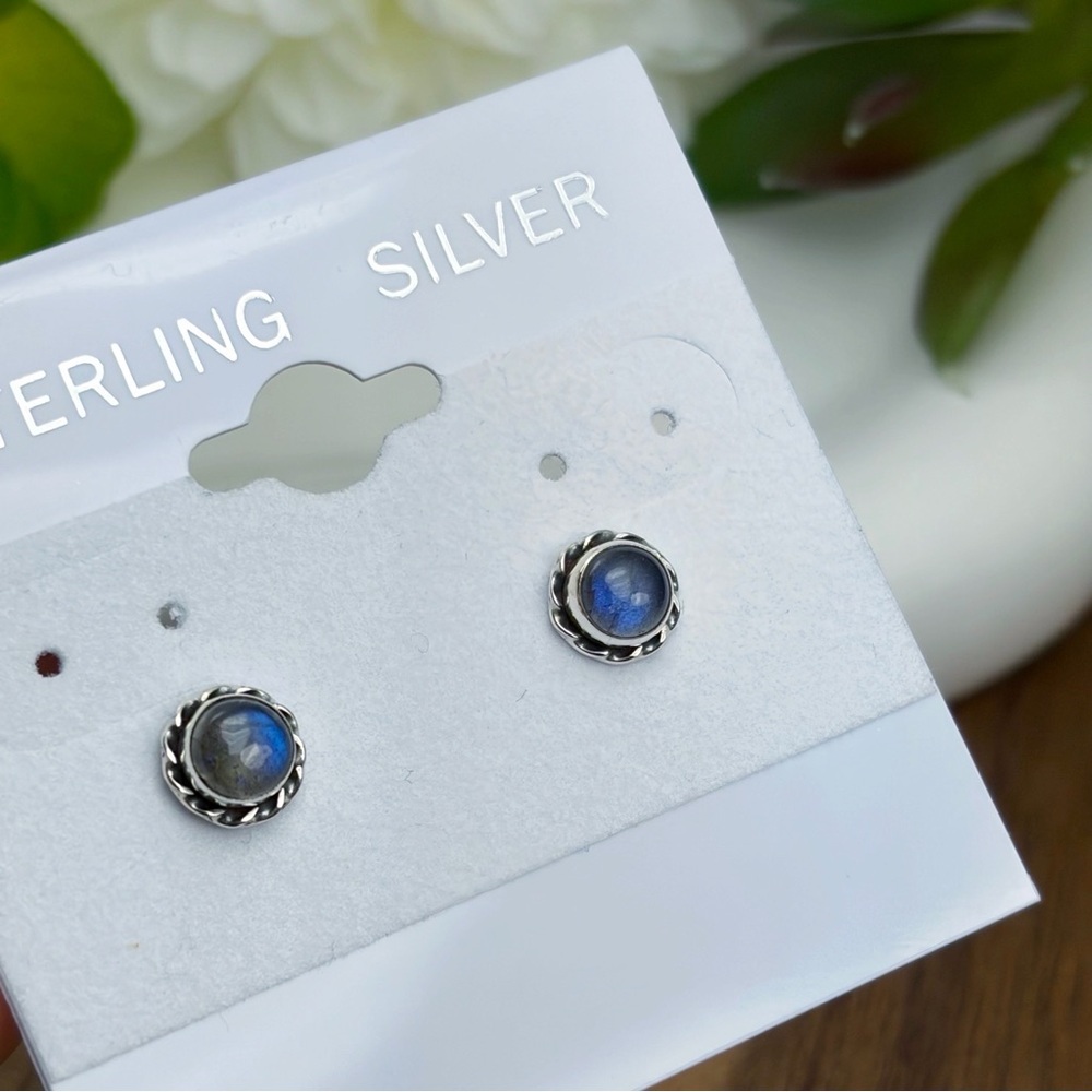 Dark Blue Flash Labradorite Stud Earrings Southwest Pure Sterling Silver 925